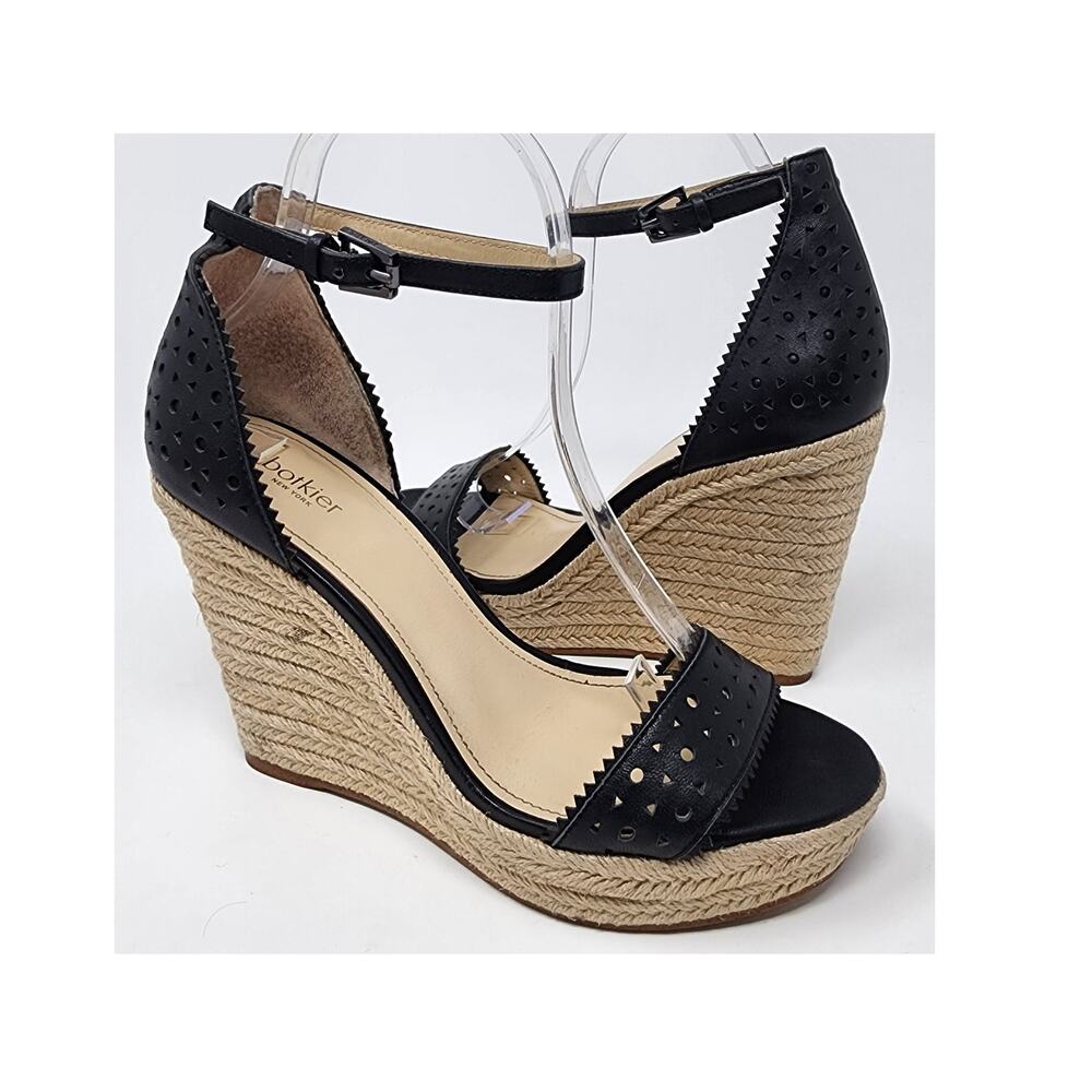 Botkier Jamie Espadrille Wedge Sandals Women 8.5M Black Leather Laser Cut Jute